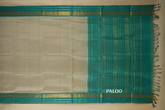 Grey with Rama Blue Borders Silk Cotton Saree paloo