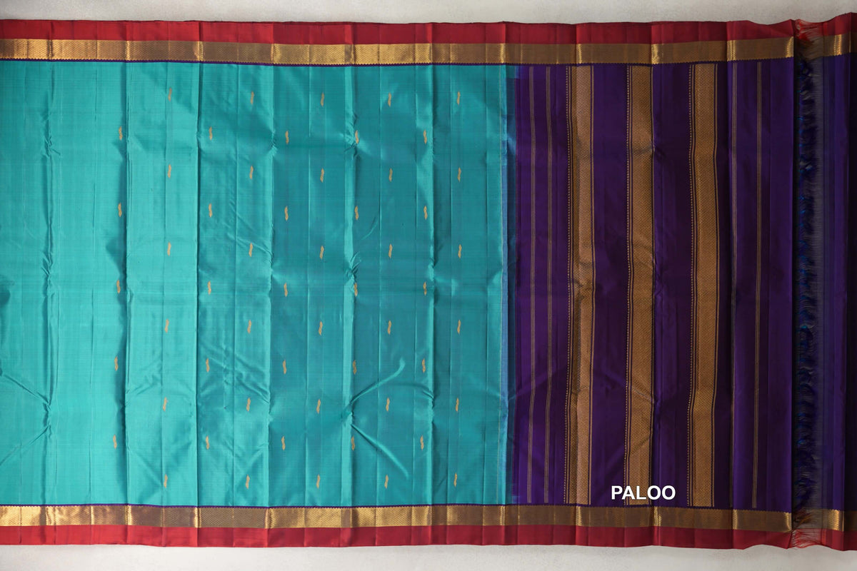 Aqua Blue with Deep Violet Purple with Deep Red Selvedge Borders Vintage Kanjivaram Silk Saree paloo