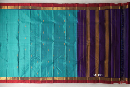 Aqua Blue with Deep Violet Purple with Deep Red Selvedge Borders Vintage Kanjivaram Silk Saree paloo