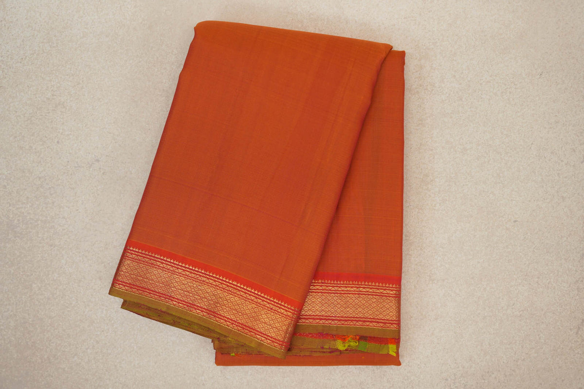 Dual Tone of Pink and Orange with Brick Red with Parrot Green Selvedge Borders Vintage Kanjivaram Silk Saree