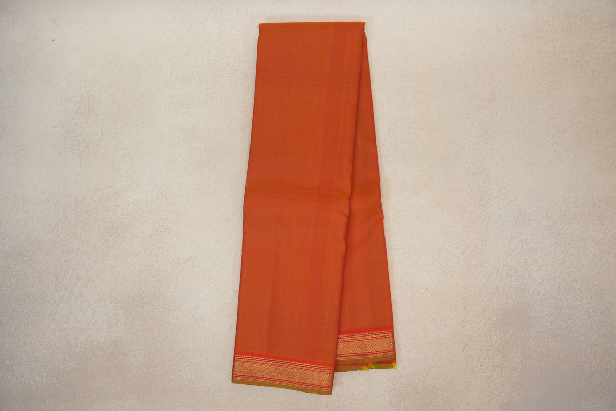 Online Dual Tone of Pink and Orange with Brick Red with Parrot Green Selvedge Borders Vintage Kanjivaram Silk Saree
