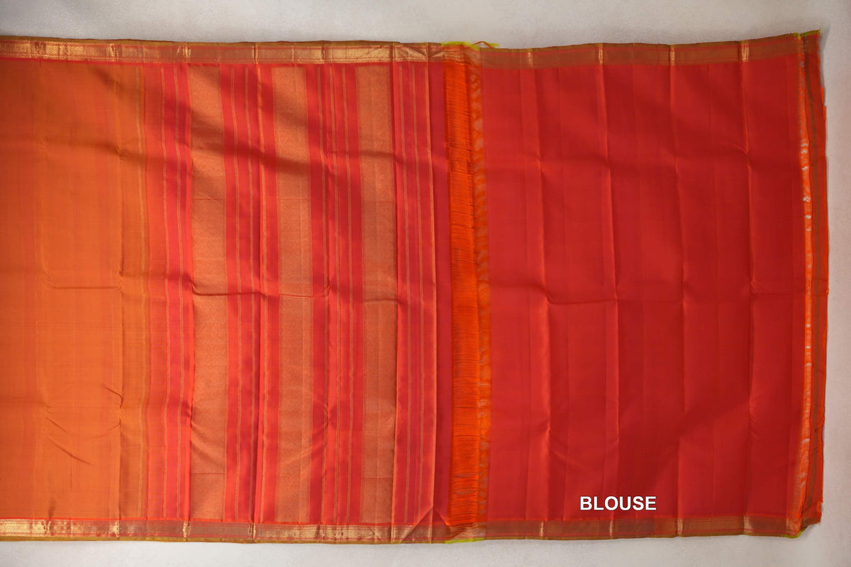 Dual Tone of Pink and Orange with Brick Red with Parrot Green Selvedge Borders Vintage Kanjivaram Silk Saree blouse