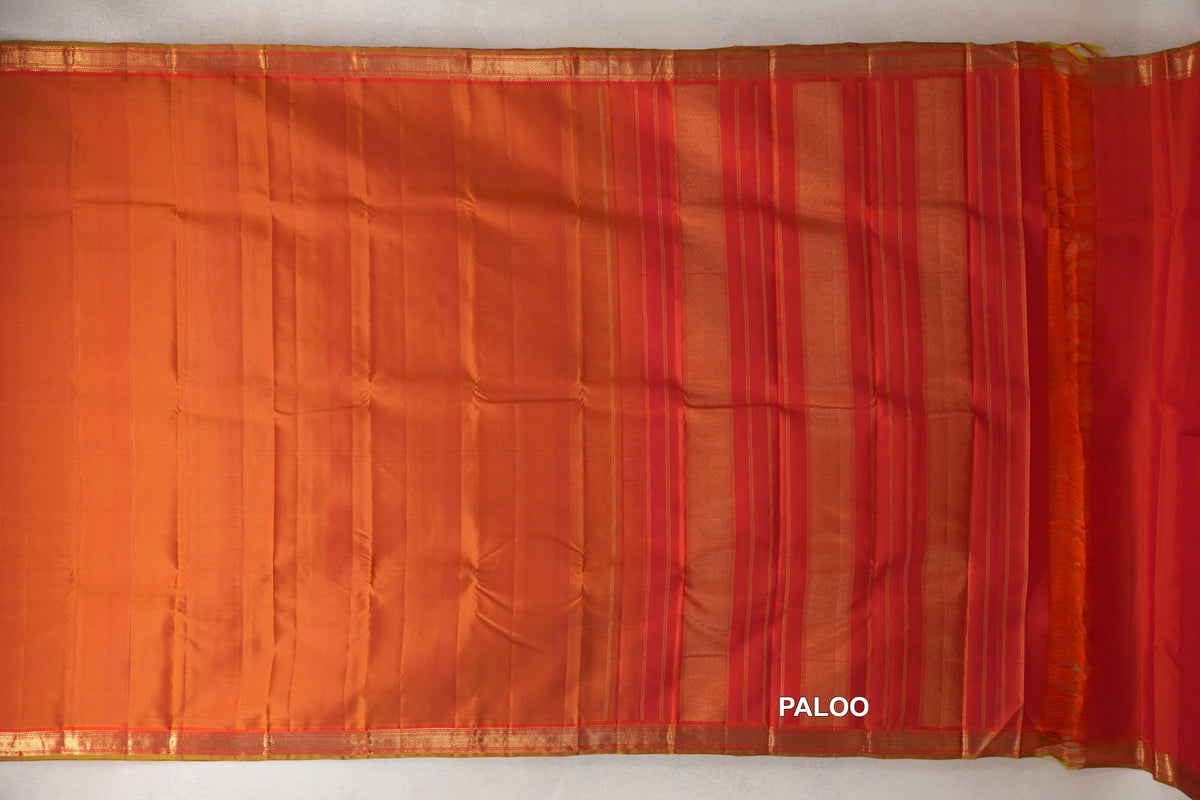 Dual Tone of Pink and Orange with Brick Red with Parrot Green Selvedge Borders Vintage Kanjivaram Silk Saree paloo