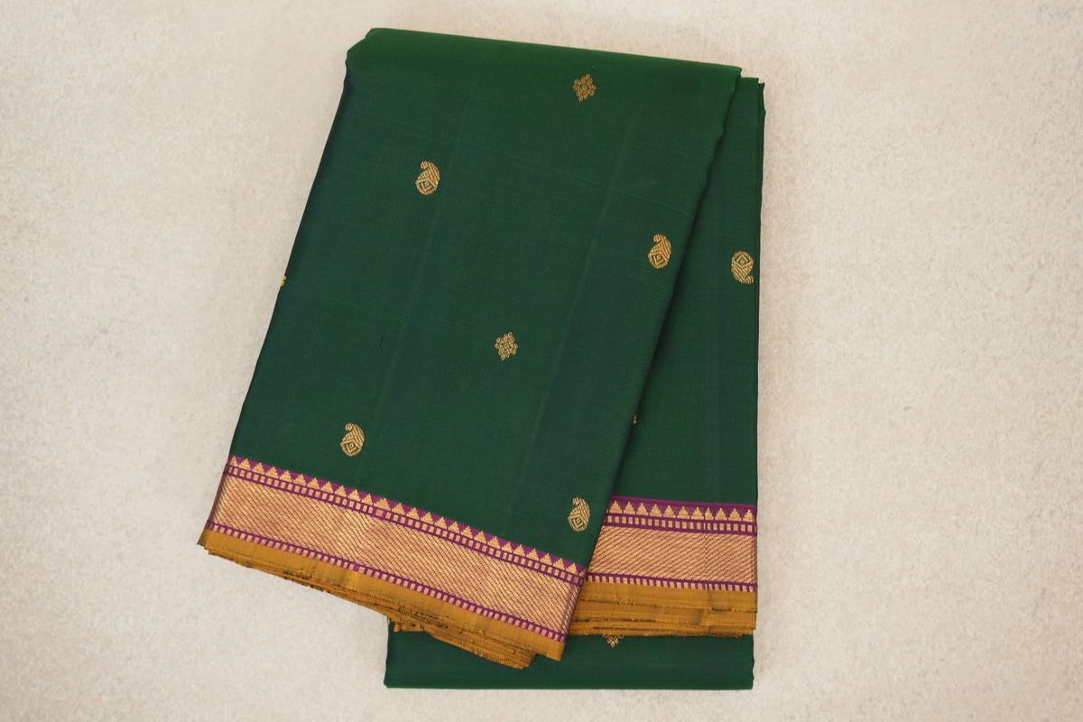 Deep Bottle Green with Magenta with Mustard Yellow Selvedge Borders Vintage Kanjivaram Silk Saree
