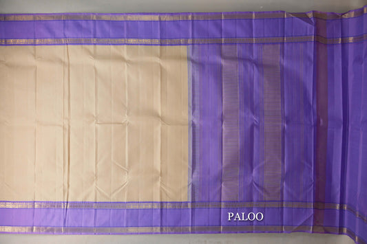 Cream with Pastel Lavender Rettai Pettu Borders Vintage Kanjivaram Silk Saree paloo