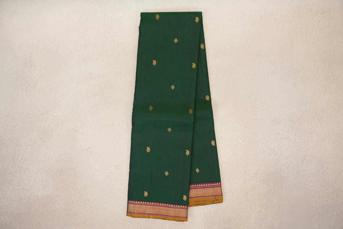 Online Deep Bottle Green with Magenta with Mustard Yellow Selvedge Borders Vintage Kanjivaram Silk Saree