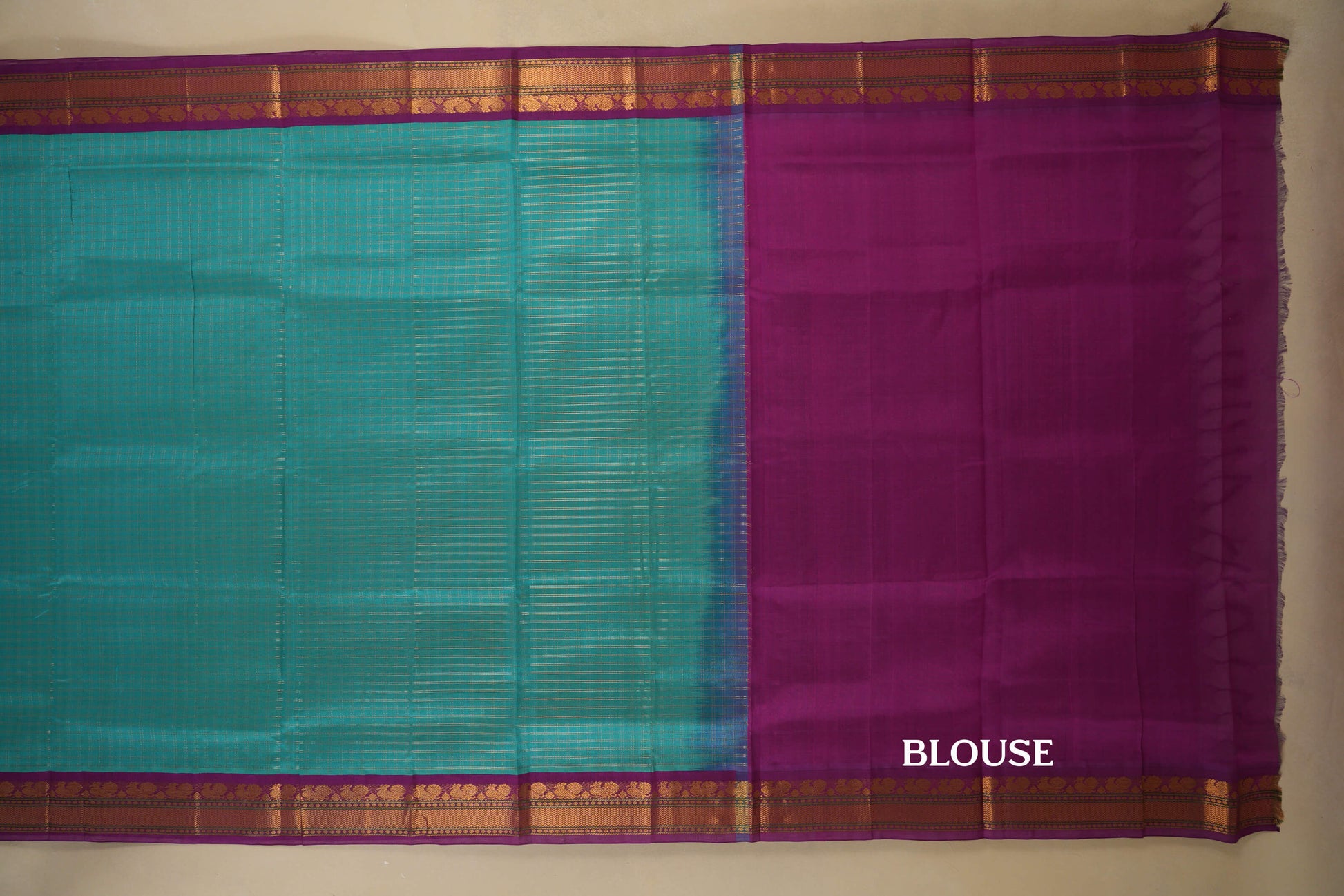 Rama Blue with Magenta Borders Silk Cotton Saree blouse