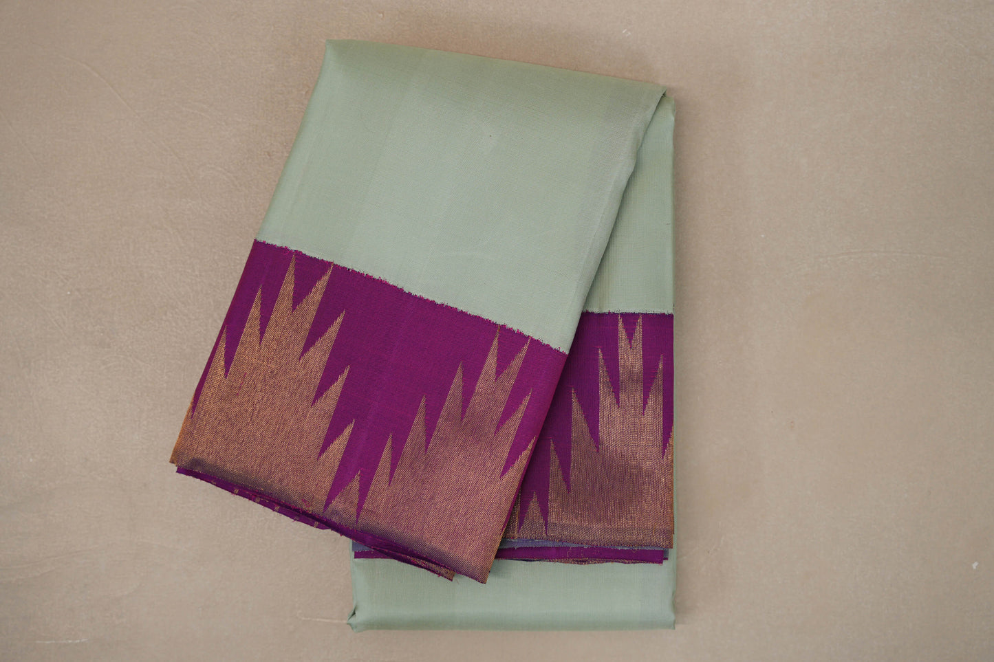 Mint Green with Bright Magenta Temple Borders Vintage Kanjivaram Silk Saree
