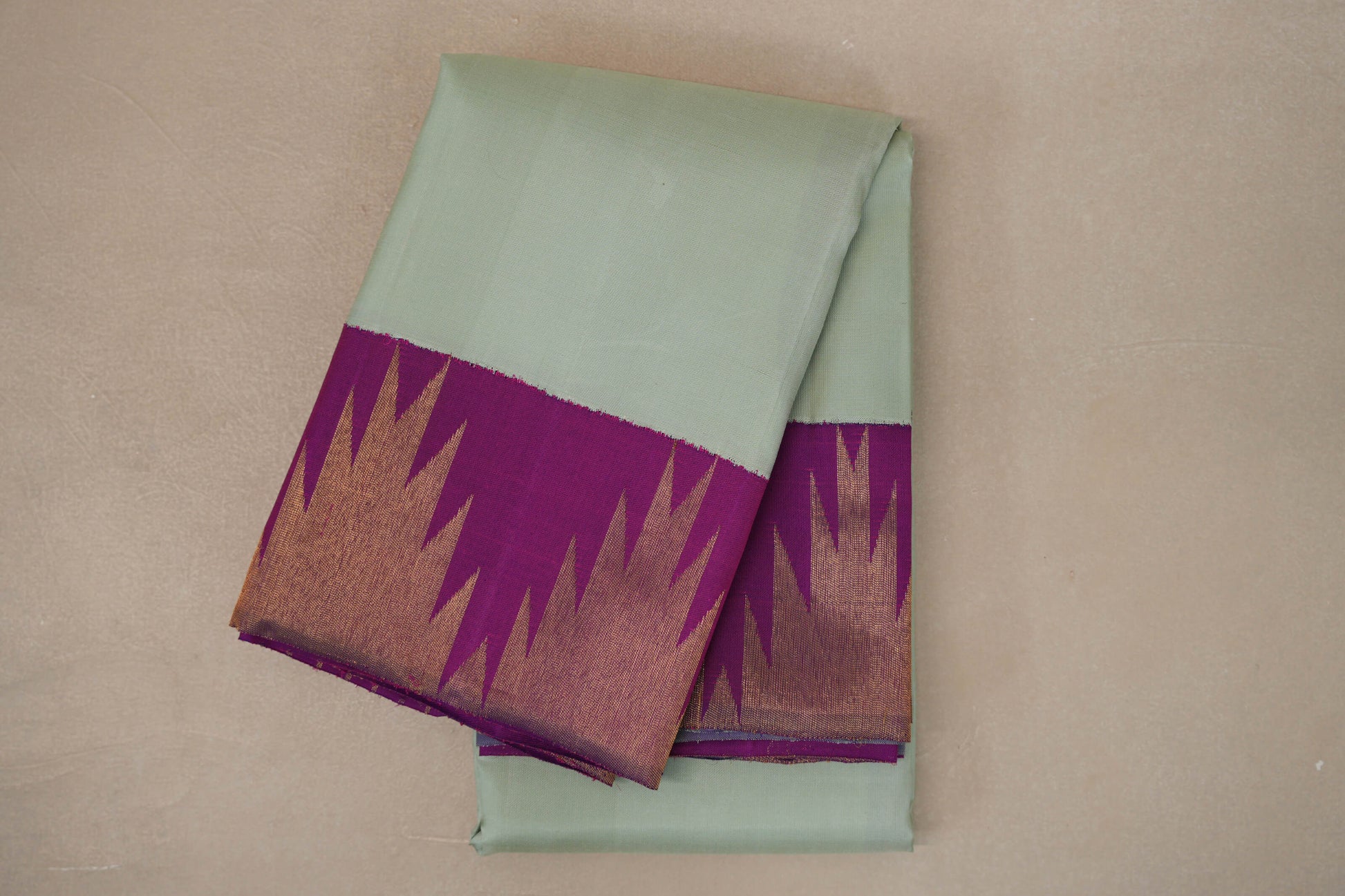 Mint Green with Bright Magenta Temple Borders Vintage Kanjivaram Silk Saree