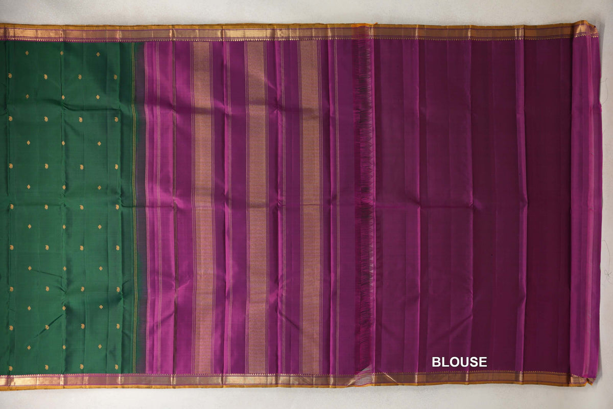 Deep Bottle Green with Magenta with Mustard Yellow Selvedge Borders Vintage Kanjivaram Silk Saree blouse