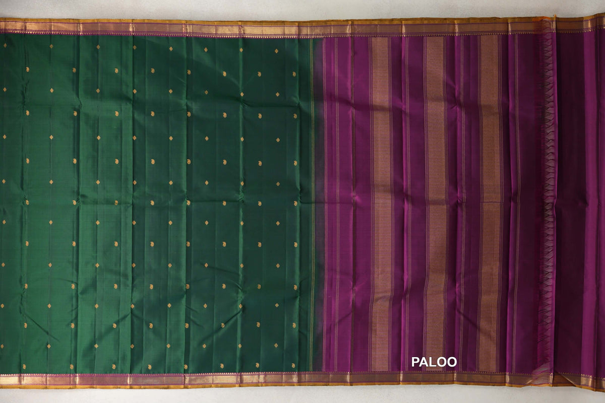 Deep Bottle Green with Magenta with Mustard Yellow Selvedge Borders Vintage Kanjivaram Silk Saree paloo