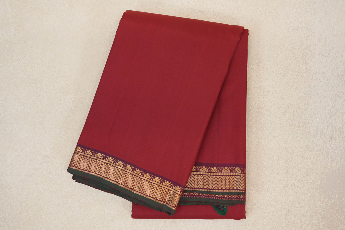 Deep Maroon with Dual Tone of Blue and Maroon with Dark Green Selvedge Borders Vintage Kanjivaram Silk Saree