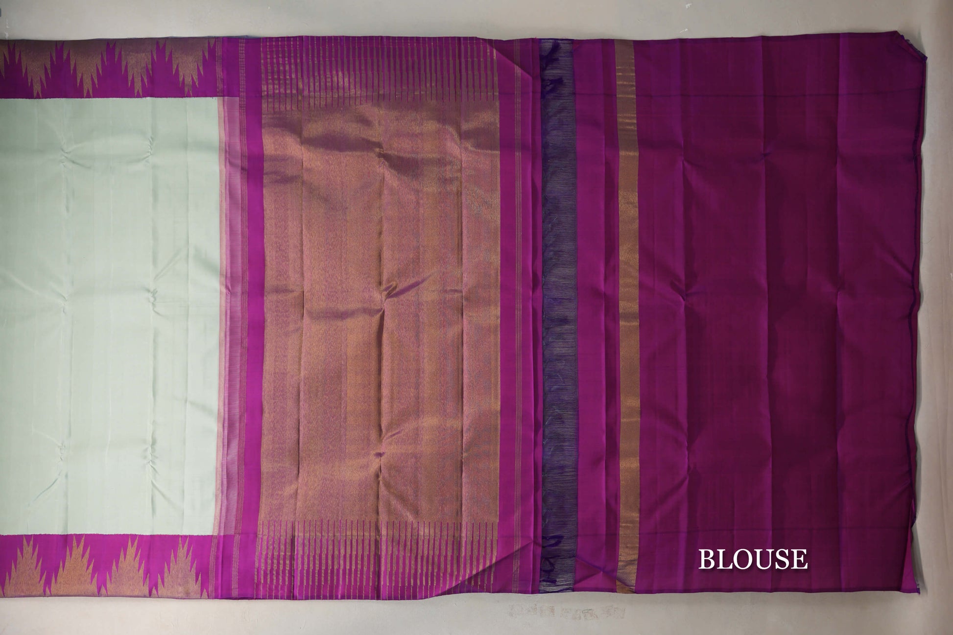 Mint Green with Bright Magenta Temple Borders Vintage Kanjivaram Silk Saree blouse