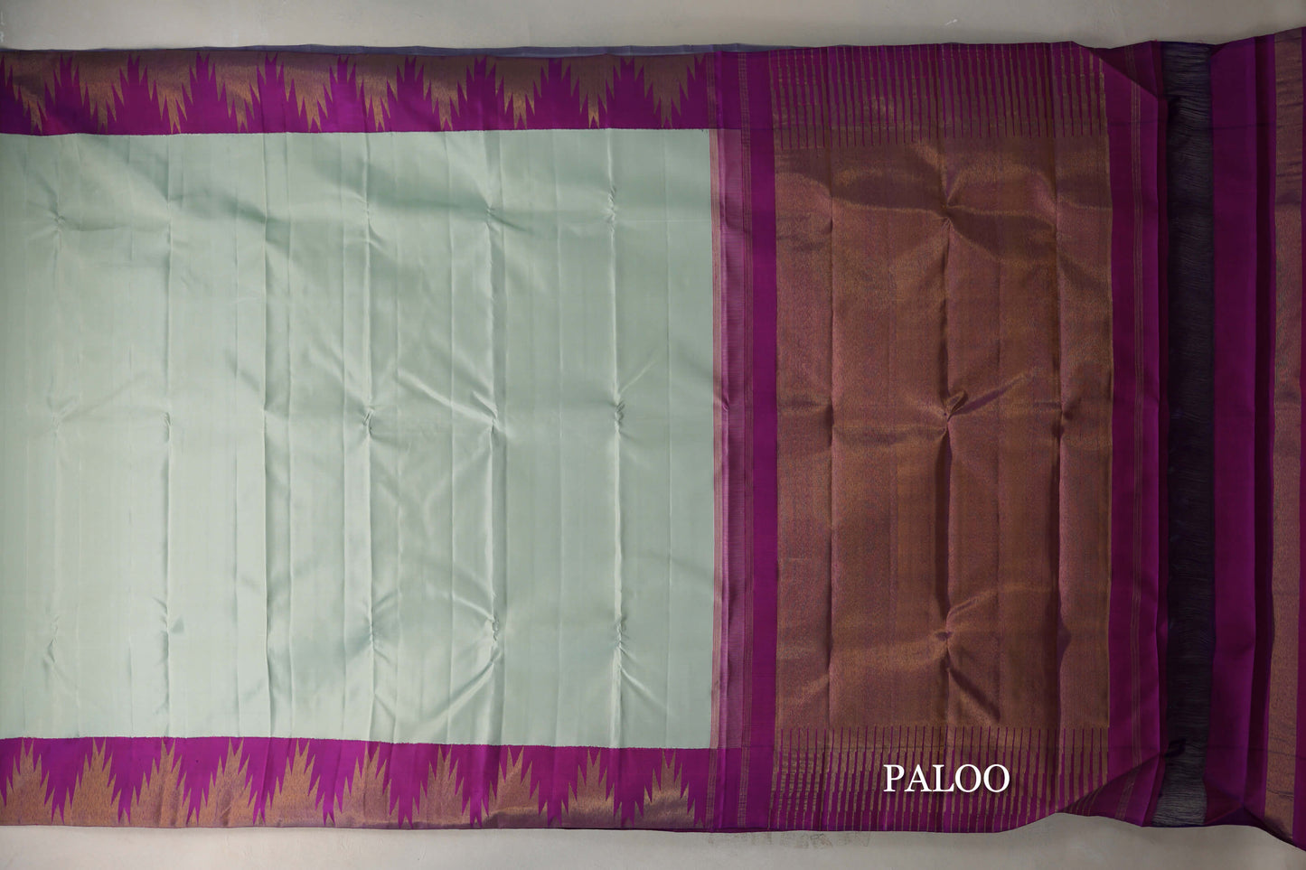 Mint Green with Bright Magenta Temple Borders Vintage Kanjivaram Silk Saree paloo