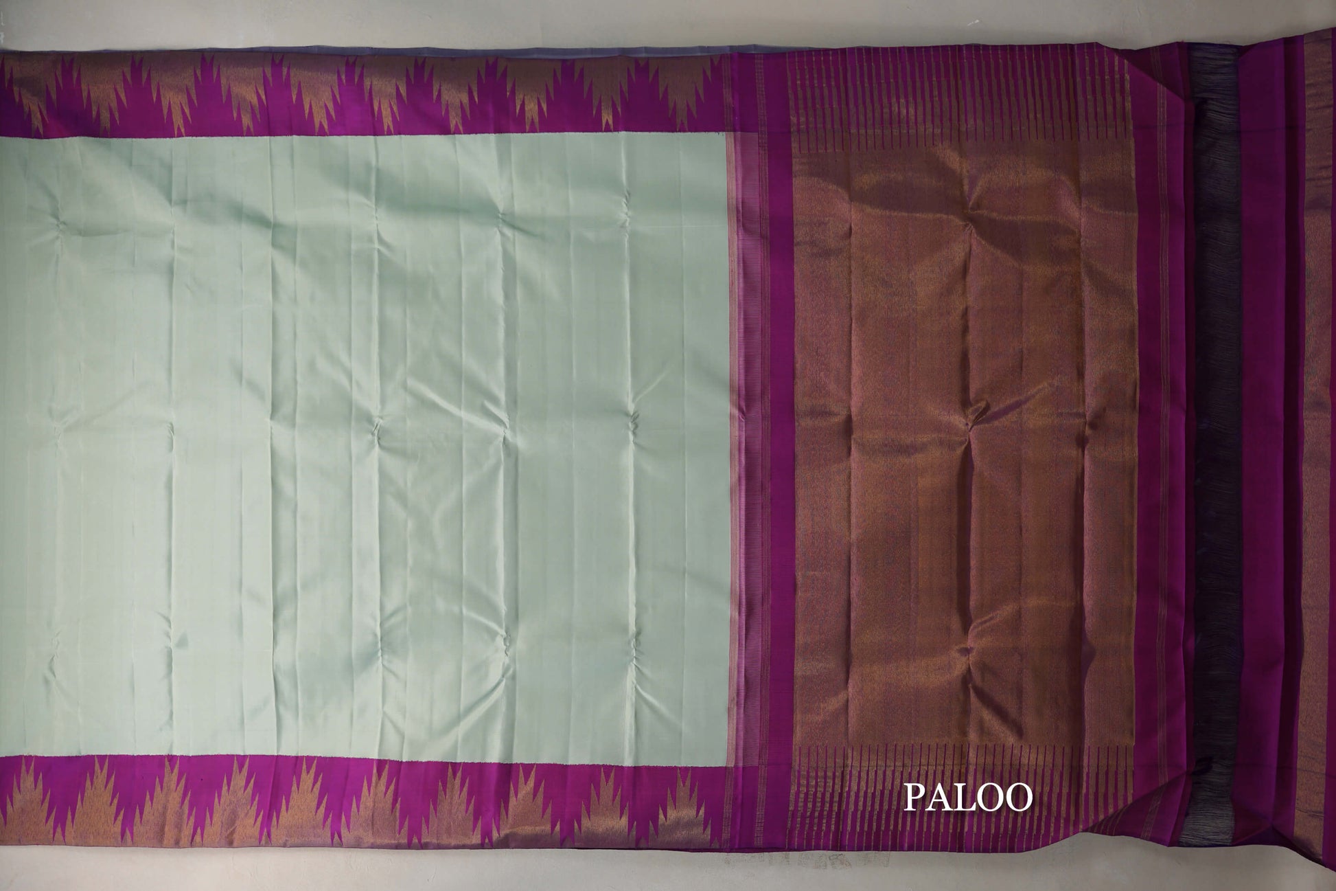 Mint Green with Bright Magenta Temple Borders Vintage Kanjivaram Silk Saree paloo