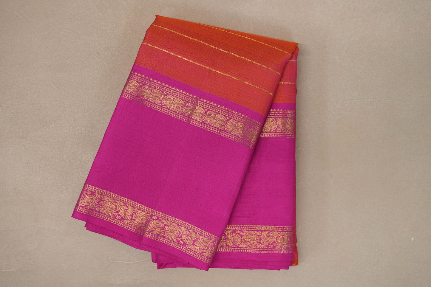 Dual Tone of Orange and Pink with Bright Magenta Rettai Pettu Borders Vintage Kanjivaram Silk Saree