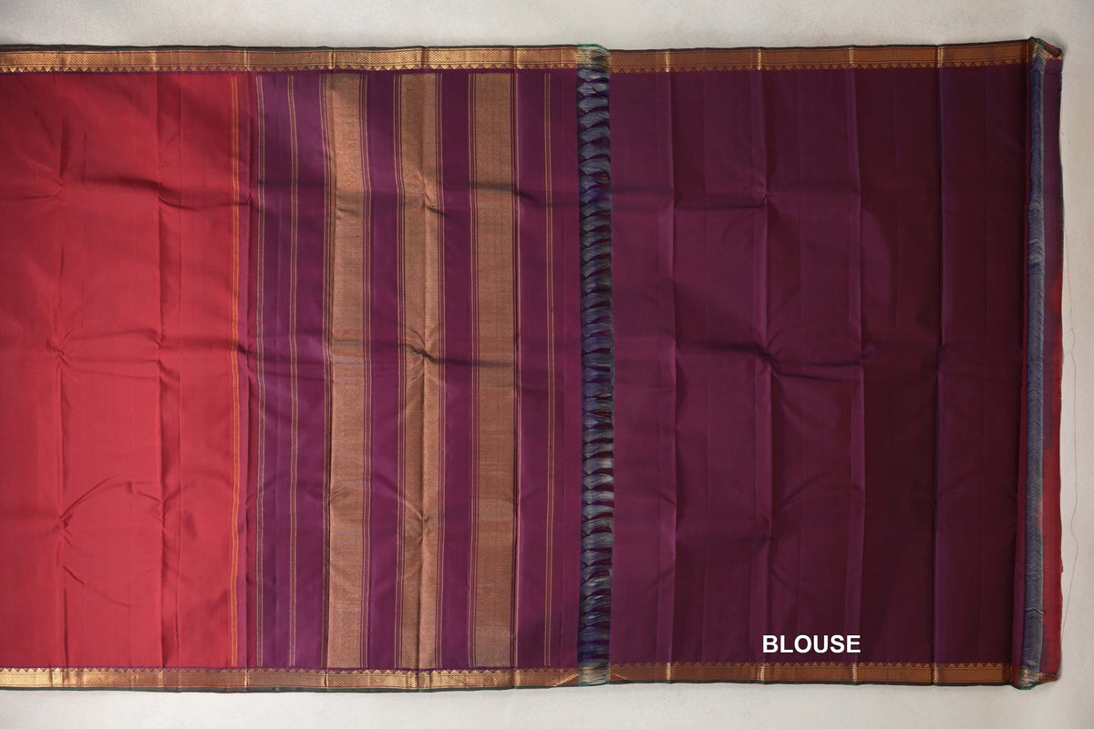 Deep Maroon with Dual Tone of Blue and Maroon with Dark Green Selvedge Borders Vintage Kanjivaram Silk Saree blouse