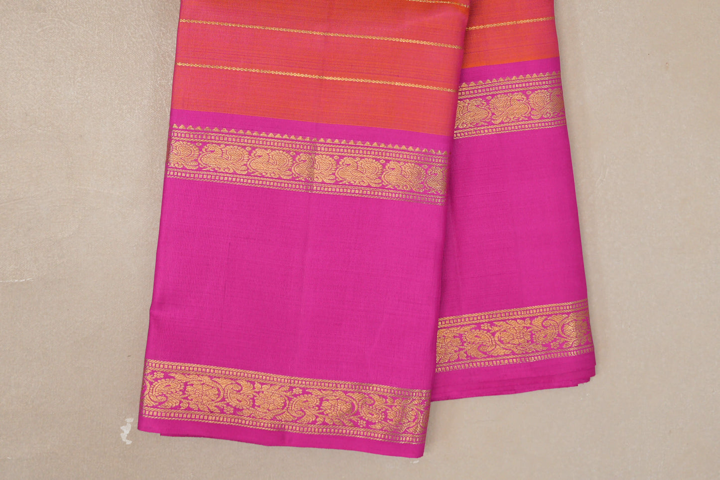 Dual Tone of Orange and Pink Vintage Kanjivaram Silk Saree rettai pettu borders