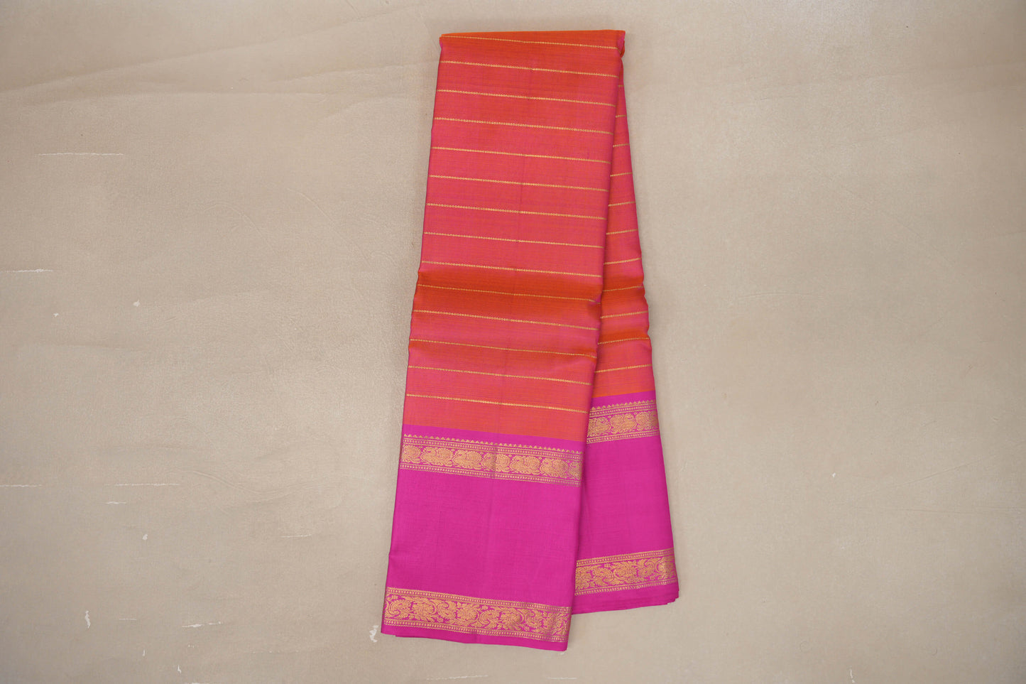 Online Dual Tone of Orange and Pink with Bright Magenta Rettai Pettu Borders Vintage Kanjivaram Silk Saree
