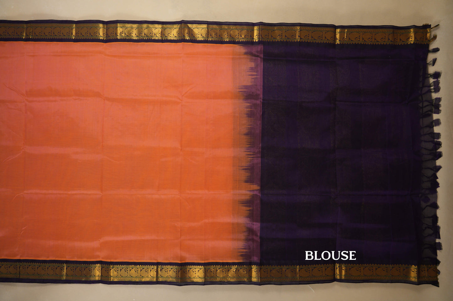 Mild Orange with Violet Borders Silk Cotton Saree blouse