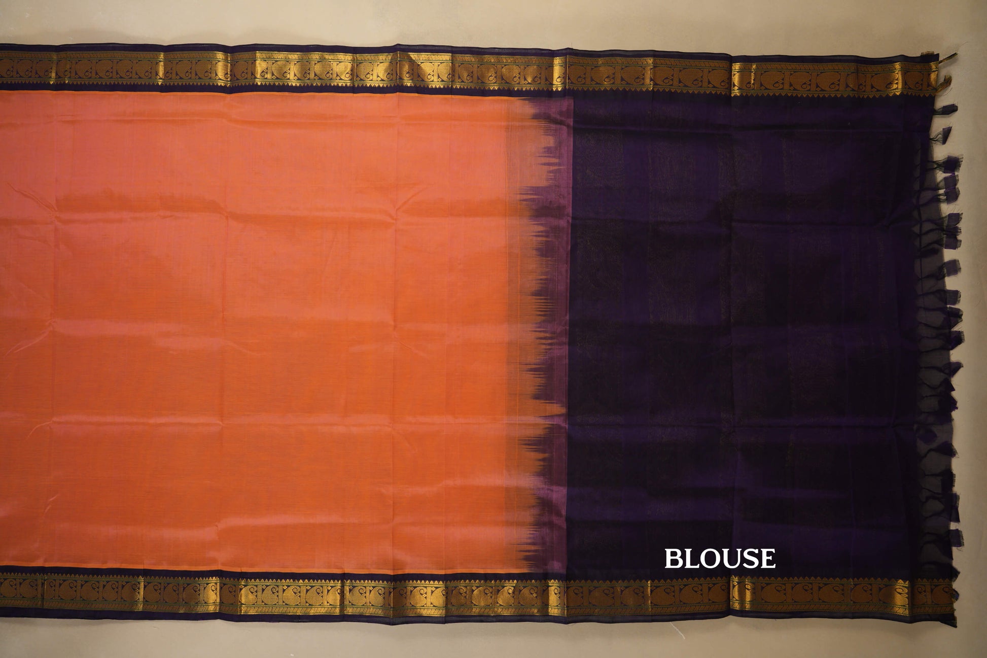 Mild Orange with Violet Borders Silk Cotton Saree blouse
