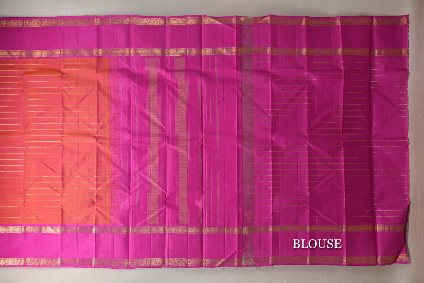 Dual Tone of Orange and Pink with Bright Magenta Rettai Pettu Borders Vintage Kanjivaram Silk Saree blouse
