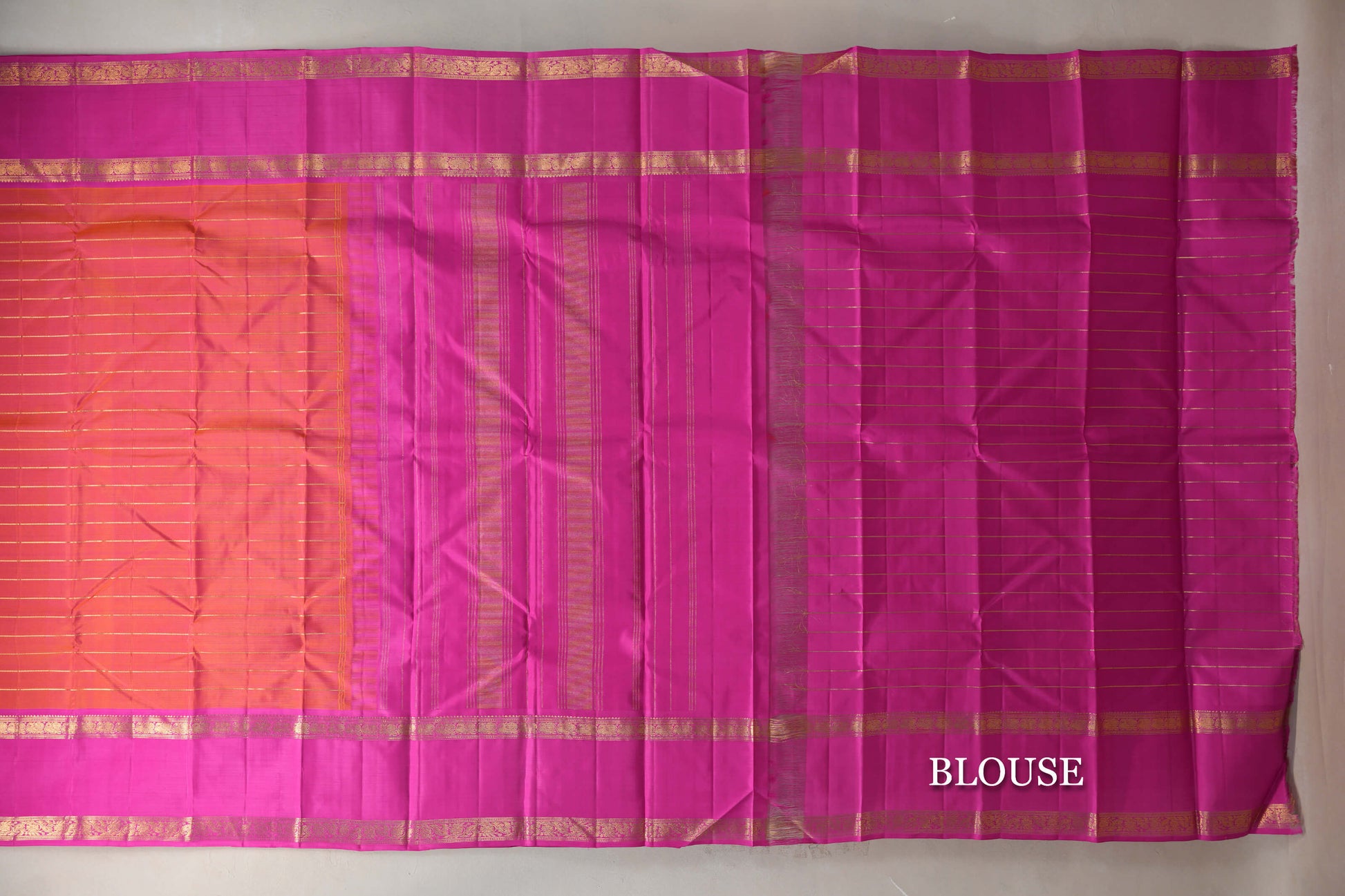 Dual Tone of Orange and Pink with Bright Magenta Rettai Pettu Borders Vintage Kanjivaram Silk Saree blouse
