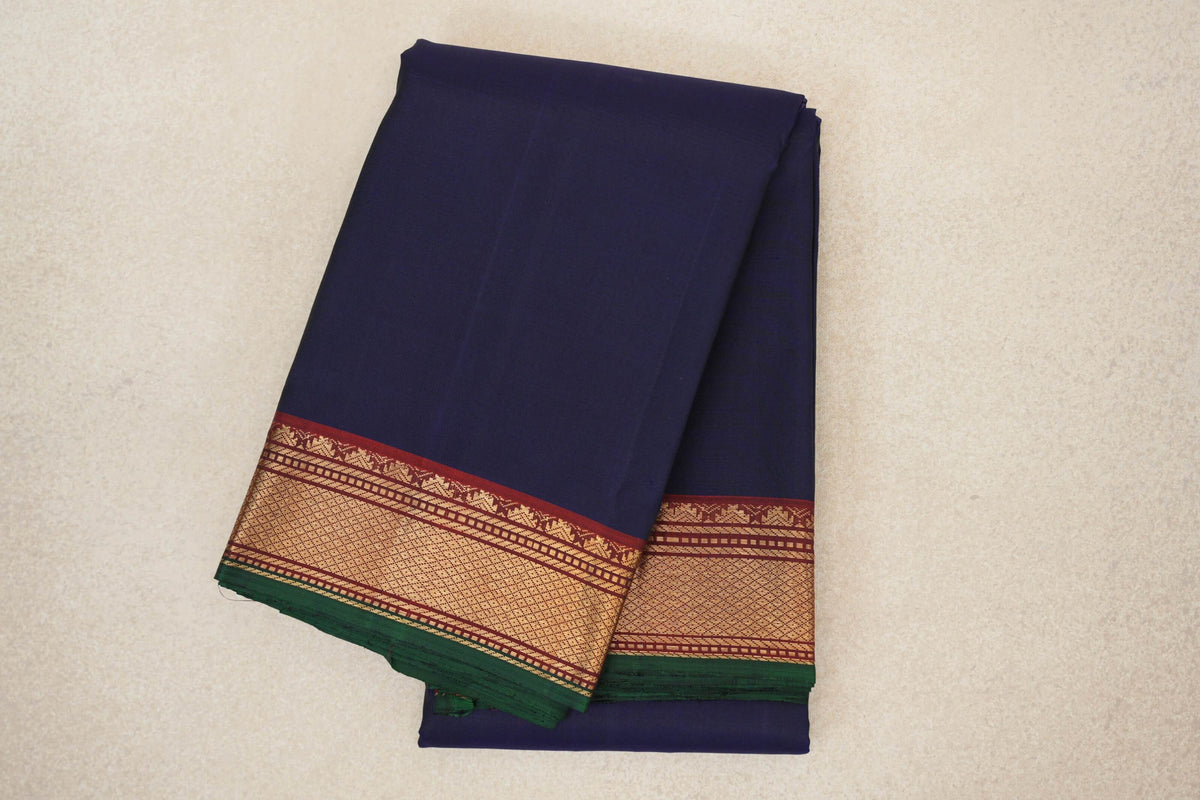 Deep Blue with Reddish Maroon with Dark Green Selvedge Borders Vintage Kanjivaram Silk Saree