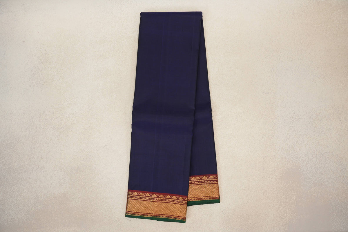 Online Deep Blue with Reddish Maroon with Dark Green Selvedge Borders Vintage Kanjivaram Silk Saree