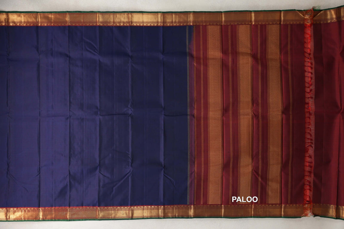 Deep Blue with Reddish Maroon with Dark Green Selvedge Borders Vintage Kanjivaram Silk Saree paloo