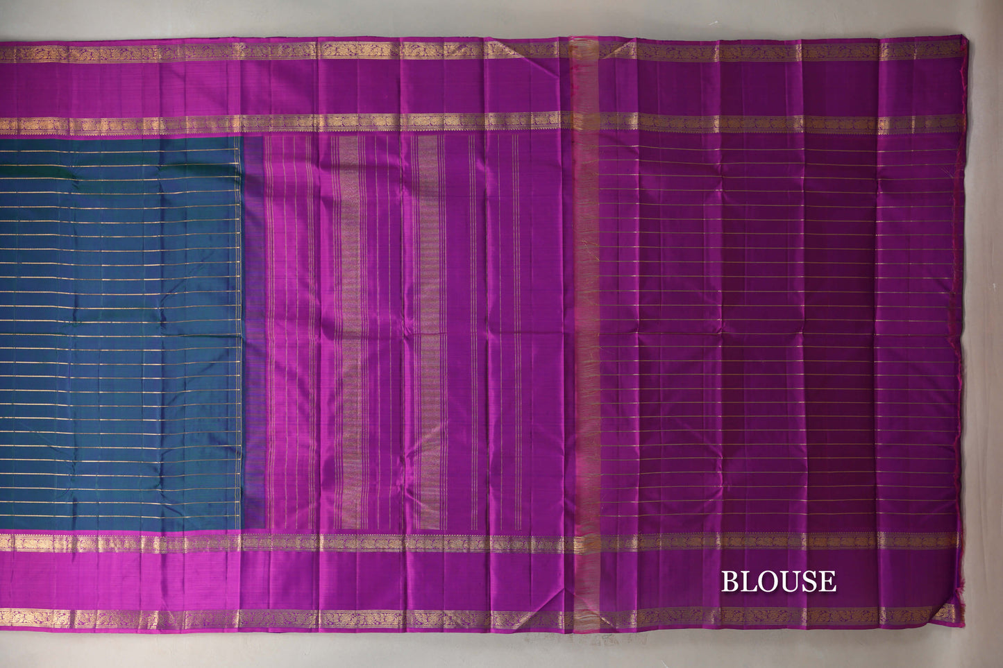 Dual Tone of Green and Violet with Dual Tone of  Violet and Magenta Rettai Pettu Borders Vintage Kanjivaram Silk Saree blouse
