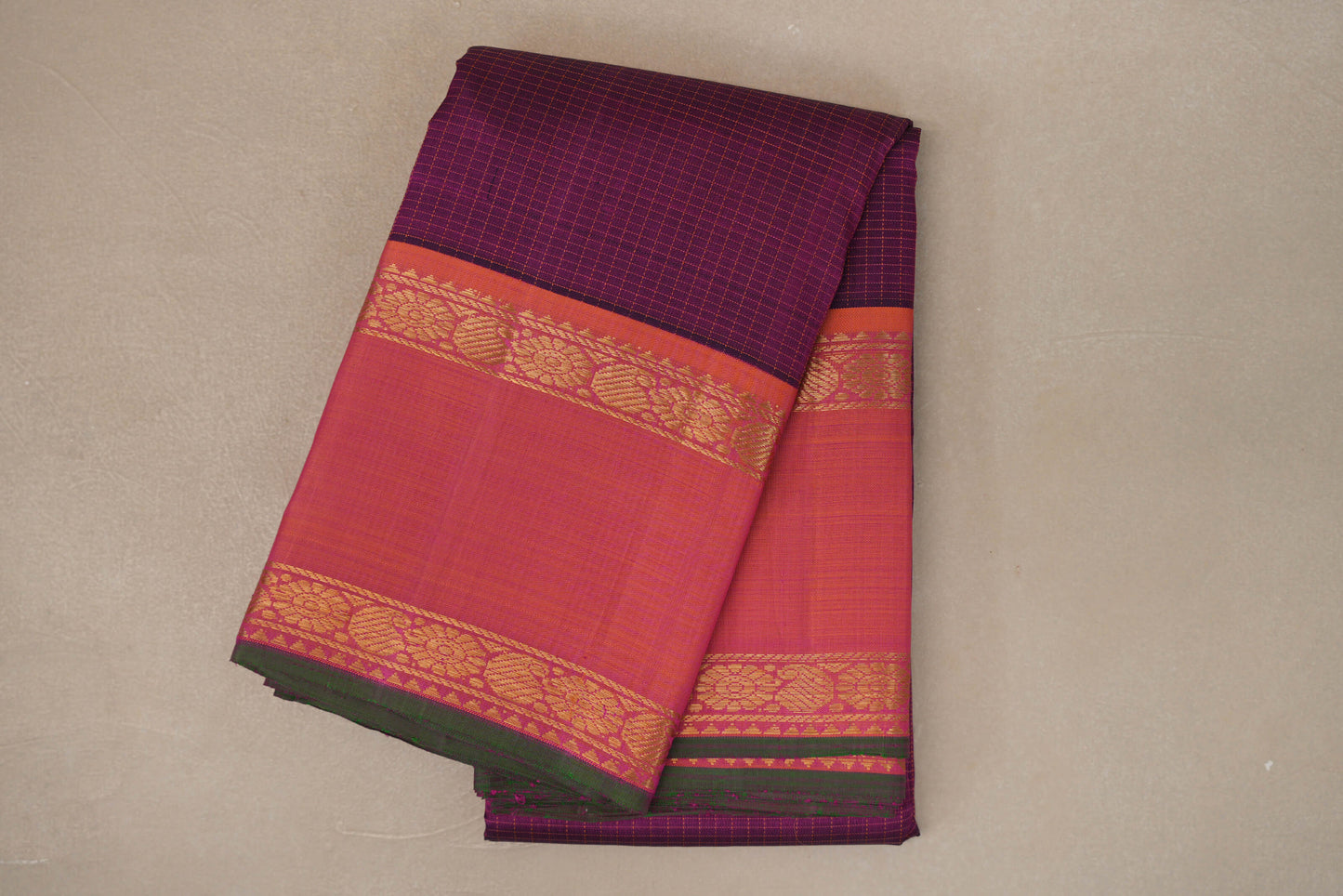 Deep Magenta with Orangish Pink Rettai Pettu Borders Vintage Kanjivaram Silk Saree