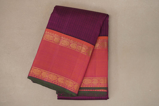 Deep Magenta with Orangish Pink Rettai Pettu Borders Vintage Kanjivaram Silk Saree