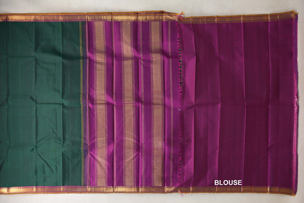 Deep Forest Green with Deep Magenta with Mustard Oil Selvedge Borders Vintage Kanjivaram Silk Saree blouse