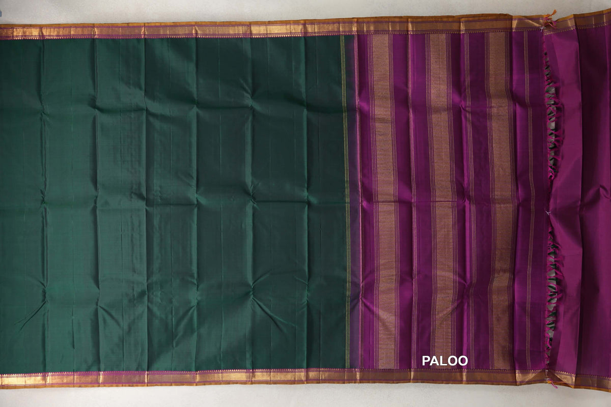 Deep Forest Green with Deep Magenta with Mustard Oil Selvedge Borders Vintage Kanjivaram Silk Saree paloo