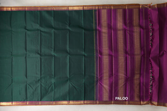 Deep Forest Green with Deep Magenta with Mustard Oil Selvedge Borders Vintage Kanjivaram Silk Saree paloo