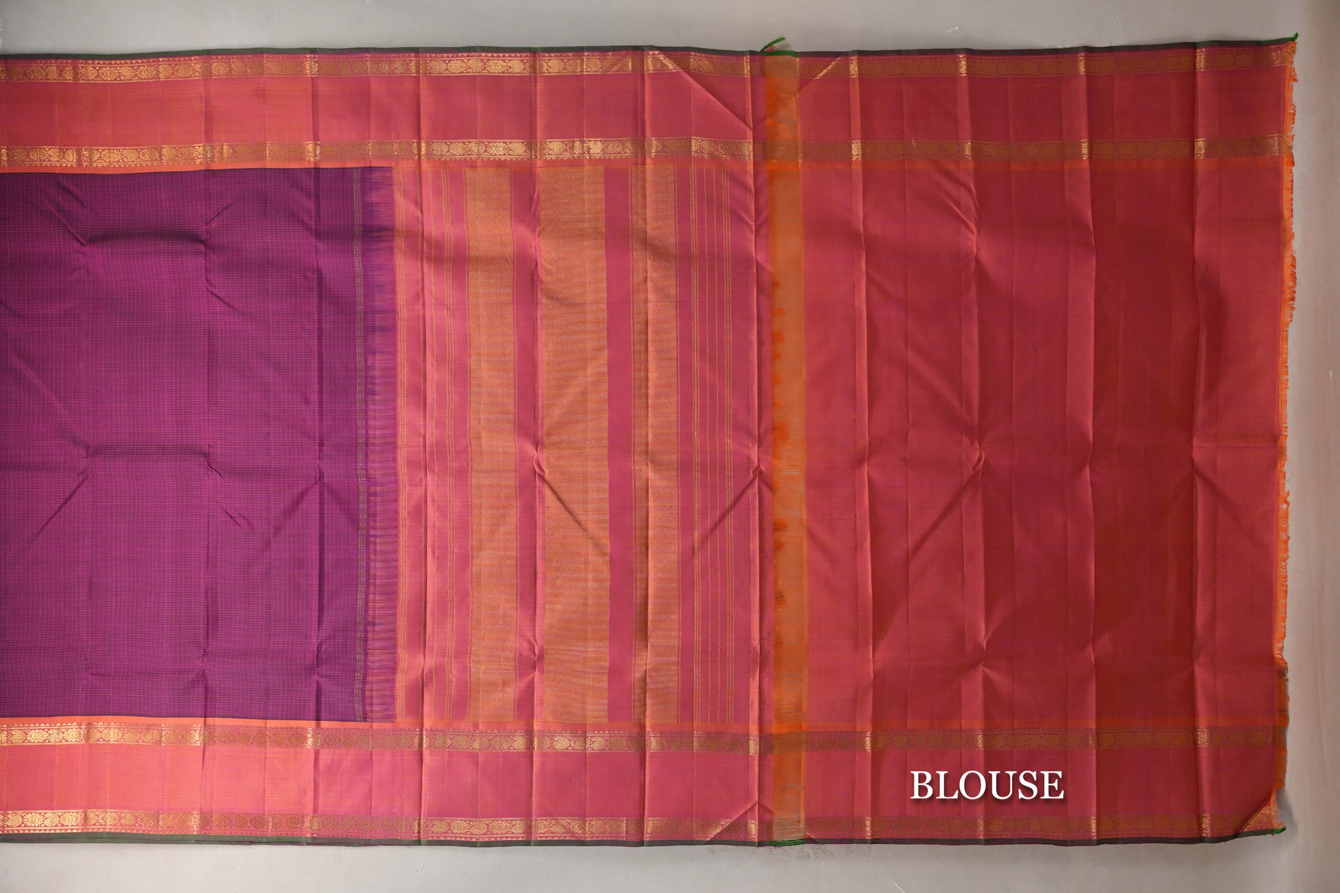 Deep Magenta with Orangish Pink Rettai Pettu Borders Vintage Kanjivaram Silk Saree blouse
