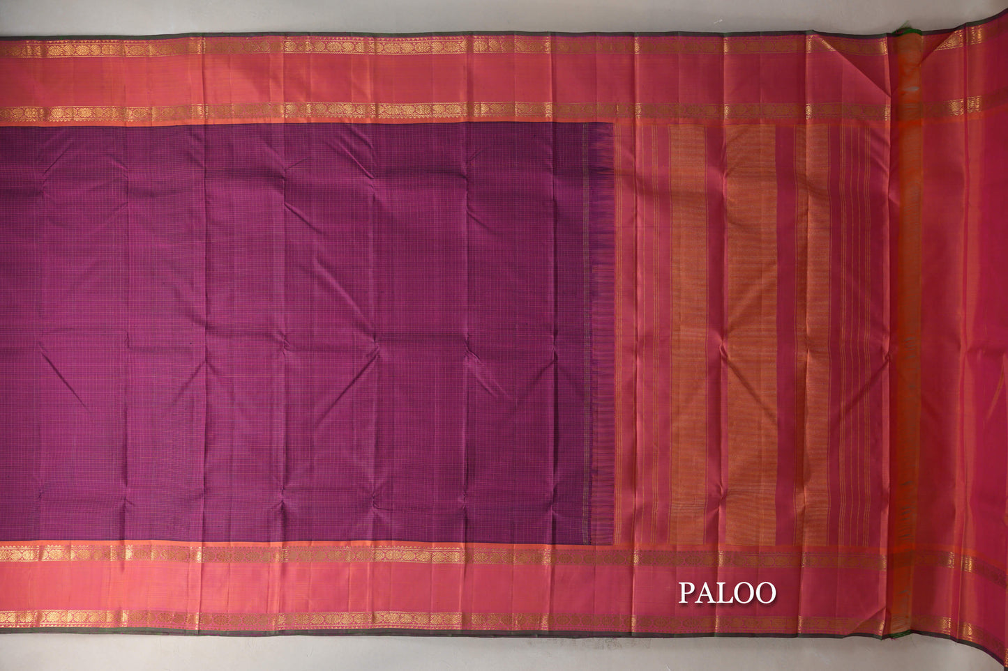 Deep Magenta with Orangish Pink Rettai Pettu Borders Vintage Kanjivaram Silk Saree paloo