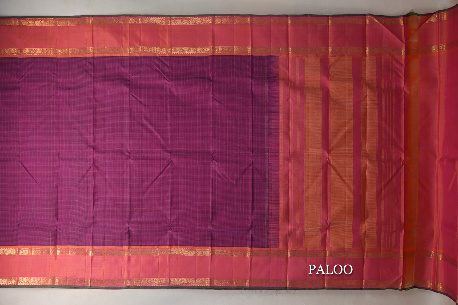 Deep Magenta with Orangish Pink Rettai Pettu Borders Vintage Kanjivaram Silk Saree paloo