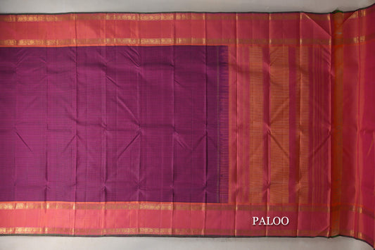 Deep Magenta with Orangish Pink Rettai Pettu Borders Vintage Kanjivaram Silk Saree paloo