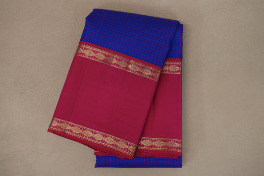 Royal Blue with Orangish Pink Rettai Pettu Borders Vintage Kanjivaram Silk Saree