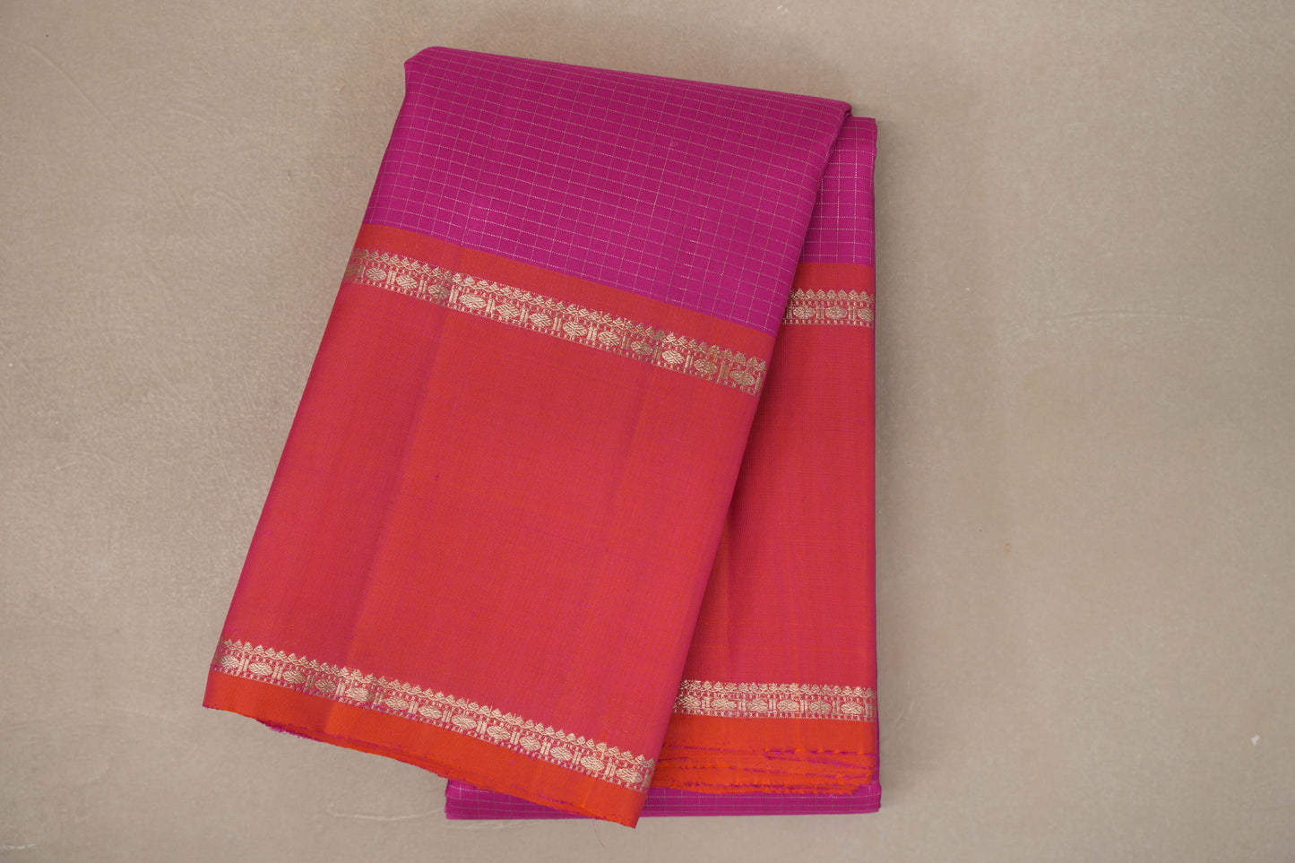 Bright Magenta with Pinkish Orange Rettai Pettu Borders Vintage Kanjivaram Silk Saree