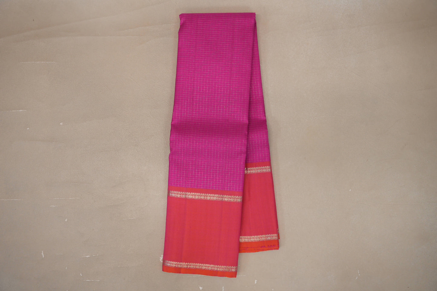 Online Bright Magenta with Pinkish Orange Rettai Pettu Borders Vintage Kanjivaram Silk Saree