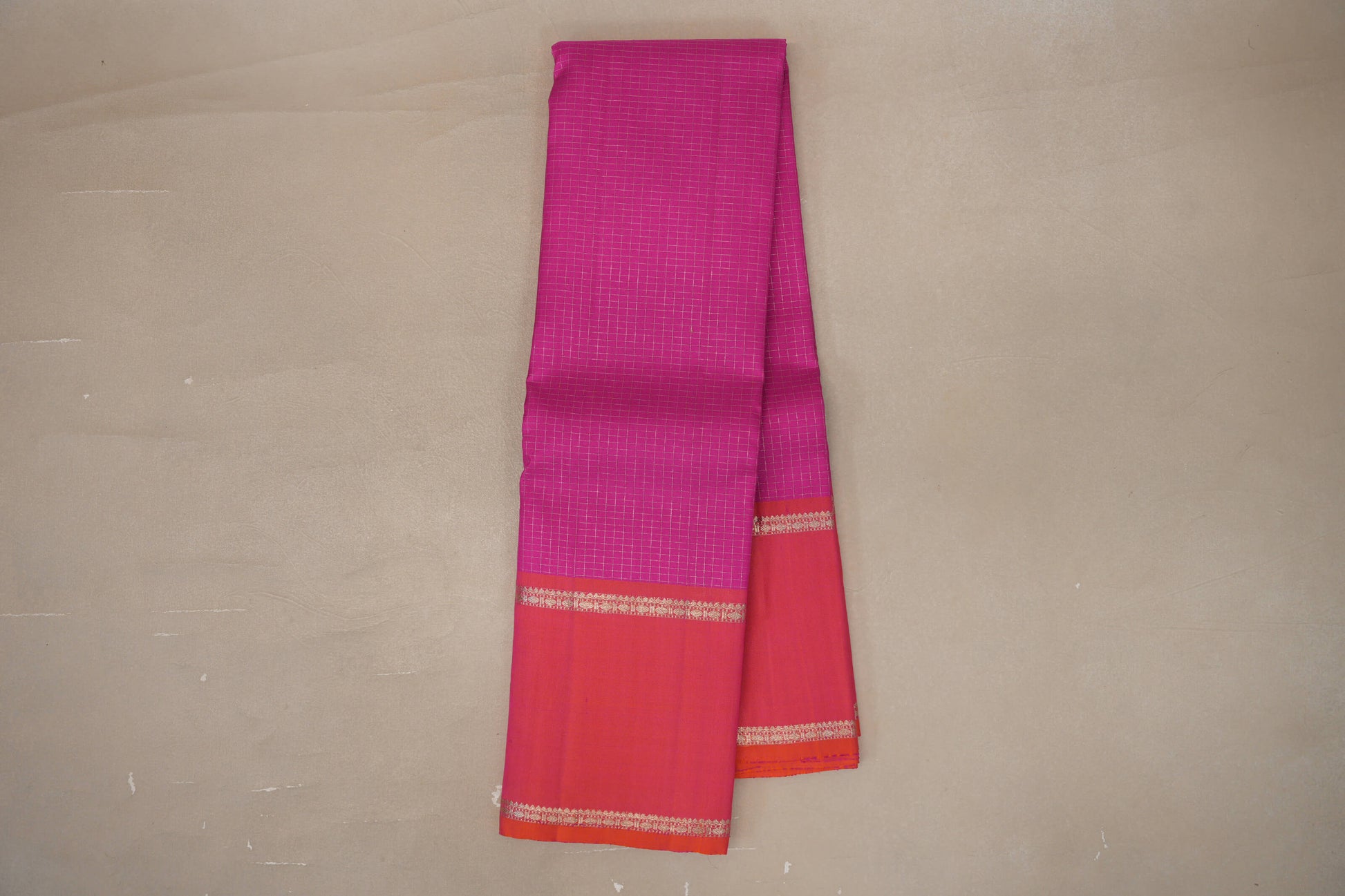Online Bright Magenta with Pinkish Orange Rettai Pettu Borders Vintage Kanjivaram Silk Saree