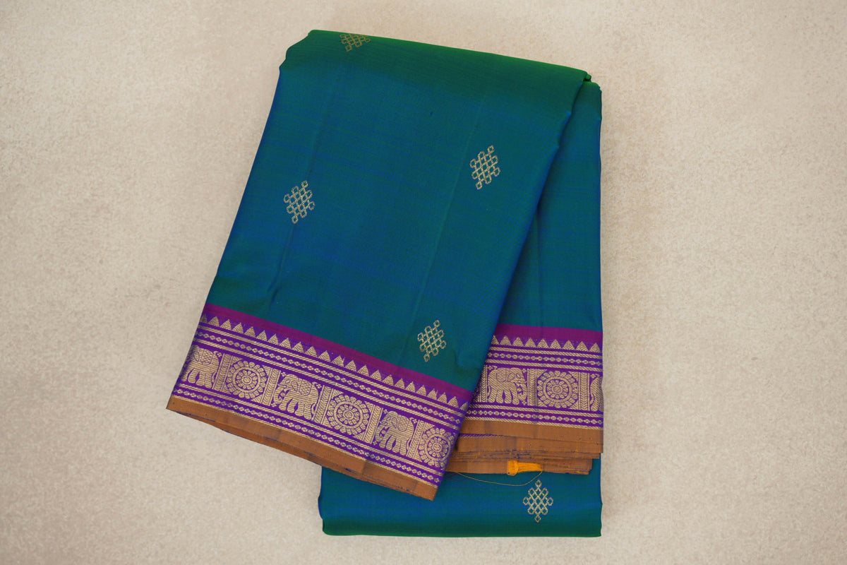 Peacock Blue with Dual Tone of Violet and Rani Pink with Mustard Oil Selvedge Borders Vintage Kanjivaram Silk Saree