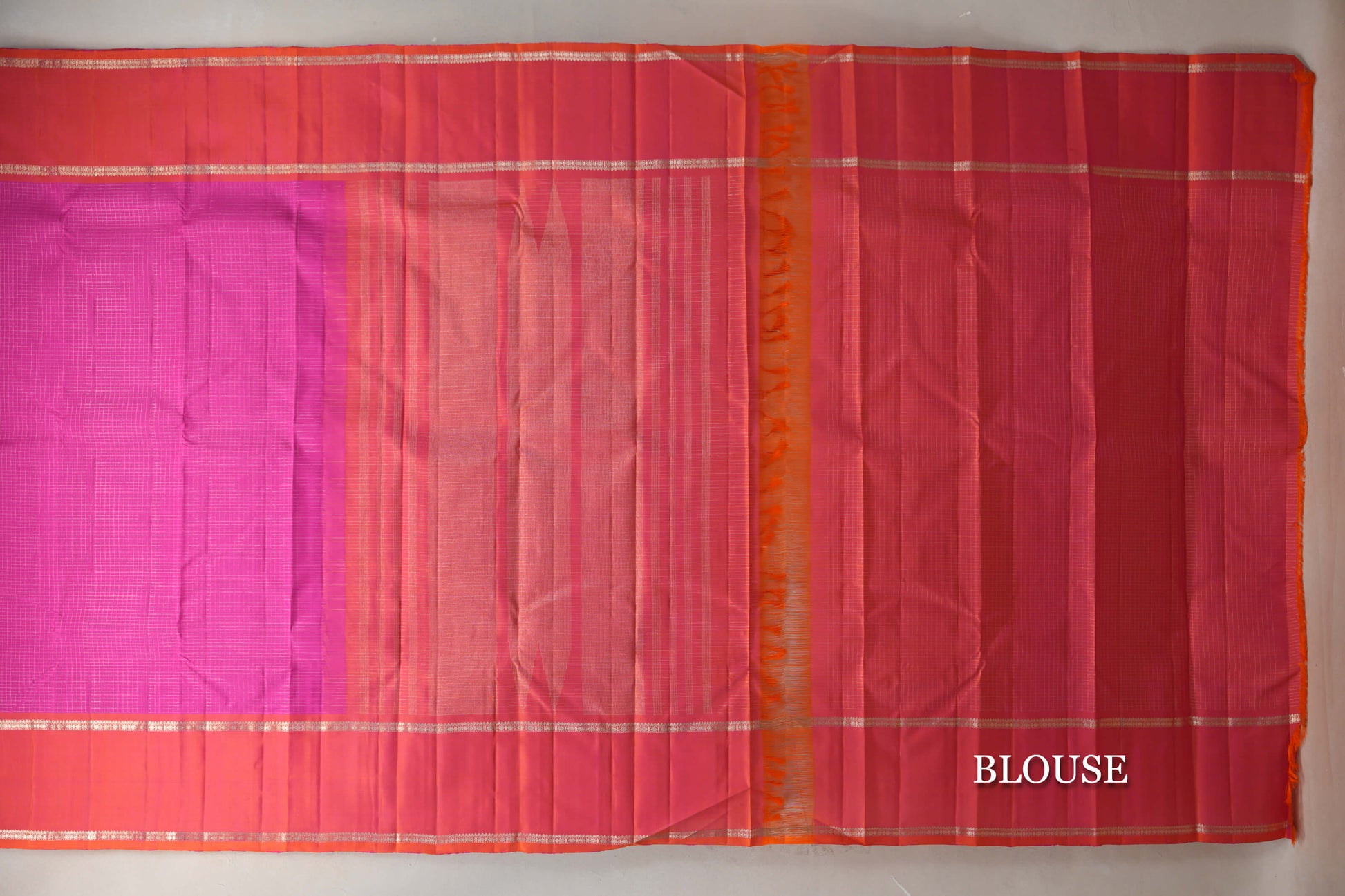 Bright Magenta with Pinkish Orange Rettai Pettu Borders Vintage Kanjivaram Silk Saree blouse