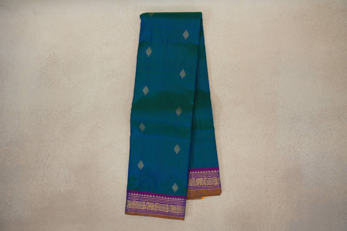 Online Peacock Blue with Dual Tone of Violet and Rani Pink with Mustard Oil Selvedge Borders Vintage Kanjivaram Silk Saree