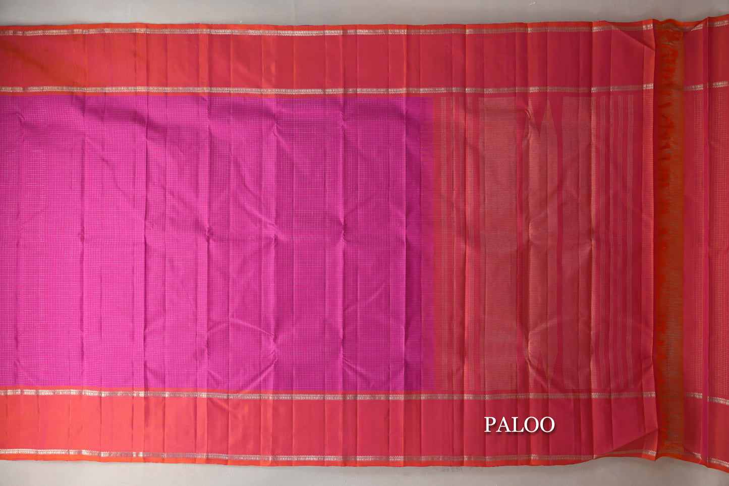 Bright Magenta with Pinkish Orange Rettai Pettu Borders Vintage Kanjivaram Silk Saree paloo