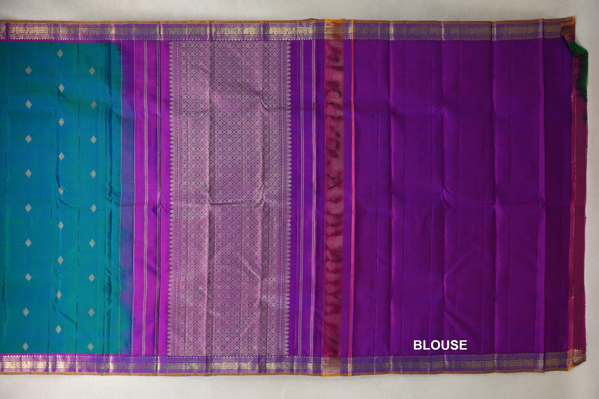 Peacock Blue with Dual Tone of Violet and Rani Pink with Mustard Oil Selvedge Borders Vintage Kanjivaram Silk Saree blouse