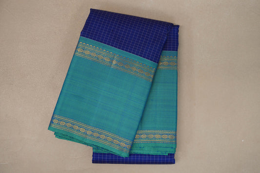 Deep Blue with Bluish Green Rettai Pettu Borders Vintage Kanjivaram Silk Saree